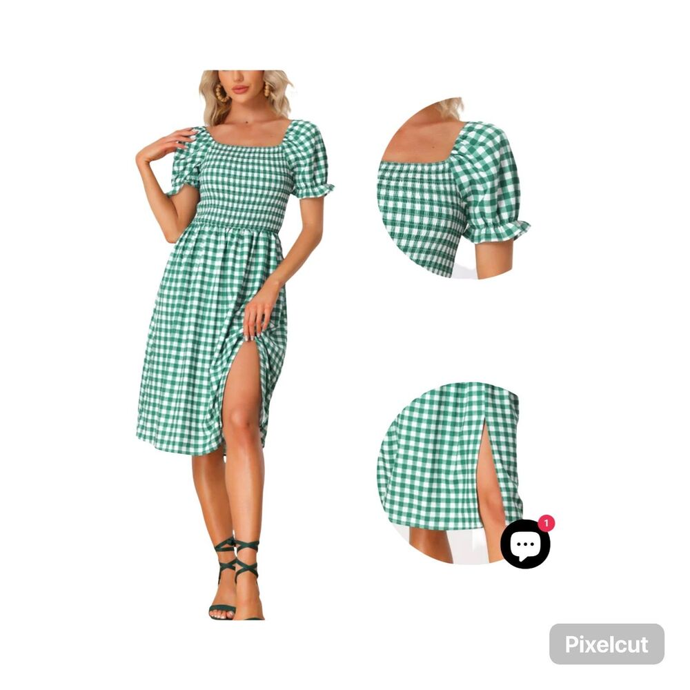 Allegra K Women's Smocked Gingham Square Neck Short Sleeve Plaid Dress Size XS